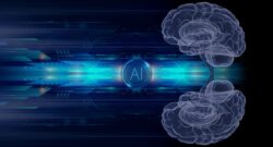 Image représentative des intelligences artificielles , avec un fond type informatique et deux cerveaux