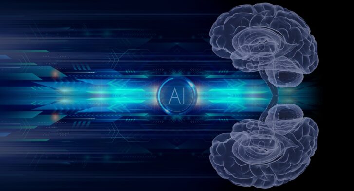 Image représentative des intelligences artificielles , avec un fond type informatique et deux cerveaux
