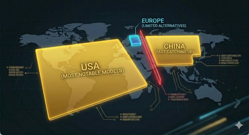 Répartition mondiale des modèles IA — USA, Chine, Europe